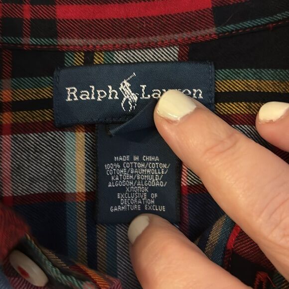 Ralph Lauren Boy unisex Multi colored plaid tartan flannel button down XL/18/20 - Picture 6 of 7